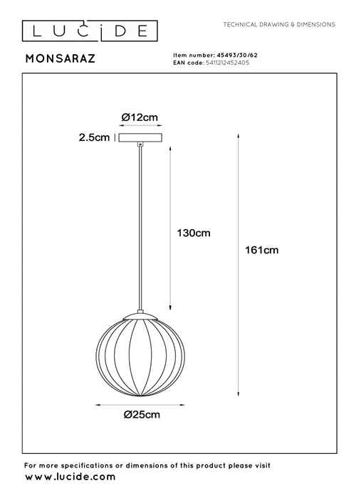 Lucide MONSARAZ - Suspension - Ø 25 cm - 1xE27 - Ambre - technique
